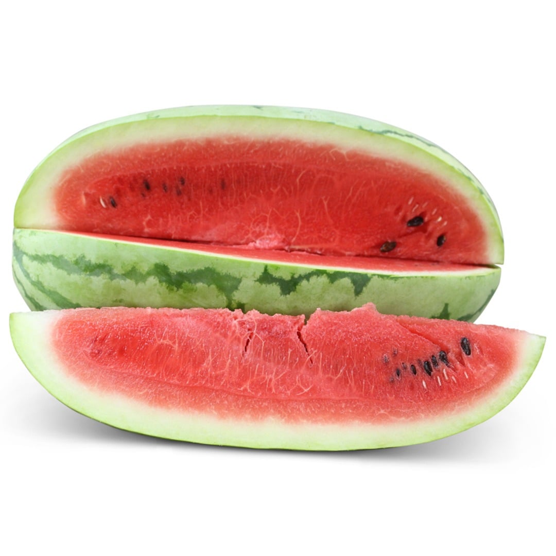 Sliced Georgia Rattlesnake Watermelon on a white background.