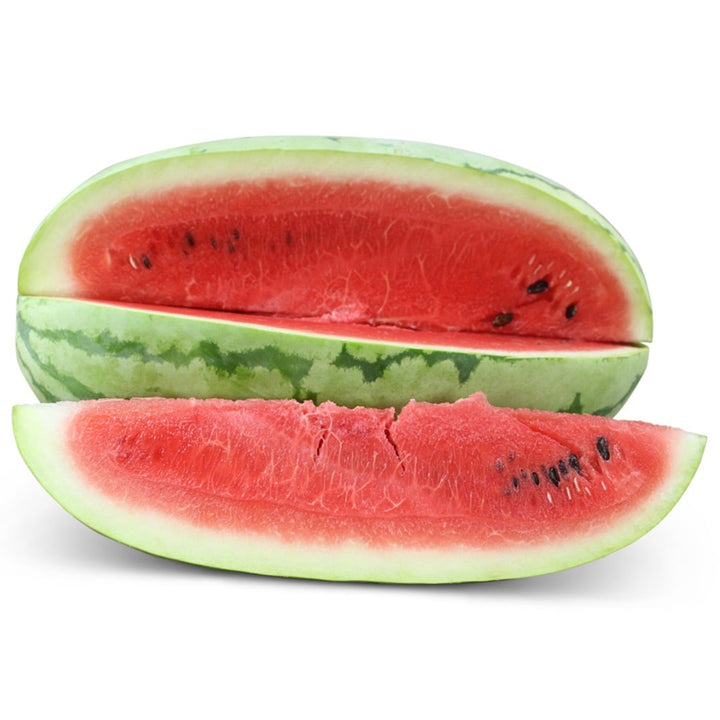 Sliced Georgia Rattlesnake Watermelon on a white background.