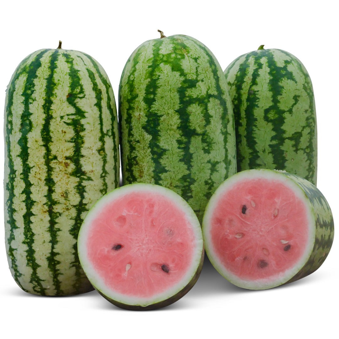 Trio of Jubilee Watermelon stacked next to each other with one halved in front on a white background.