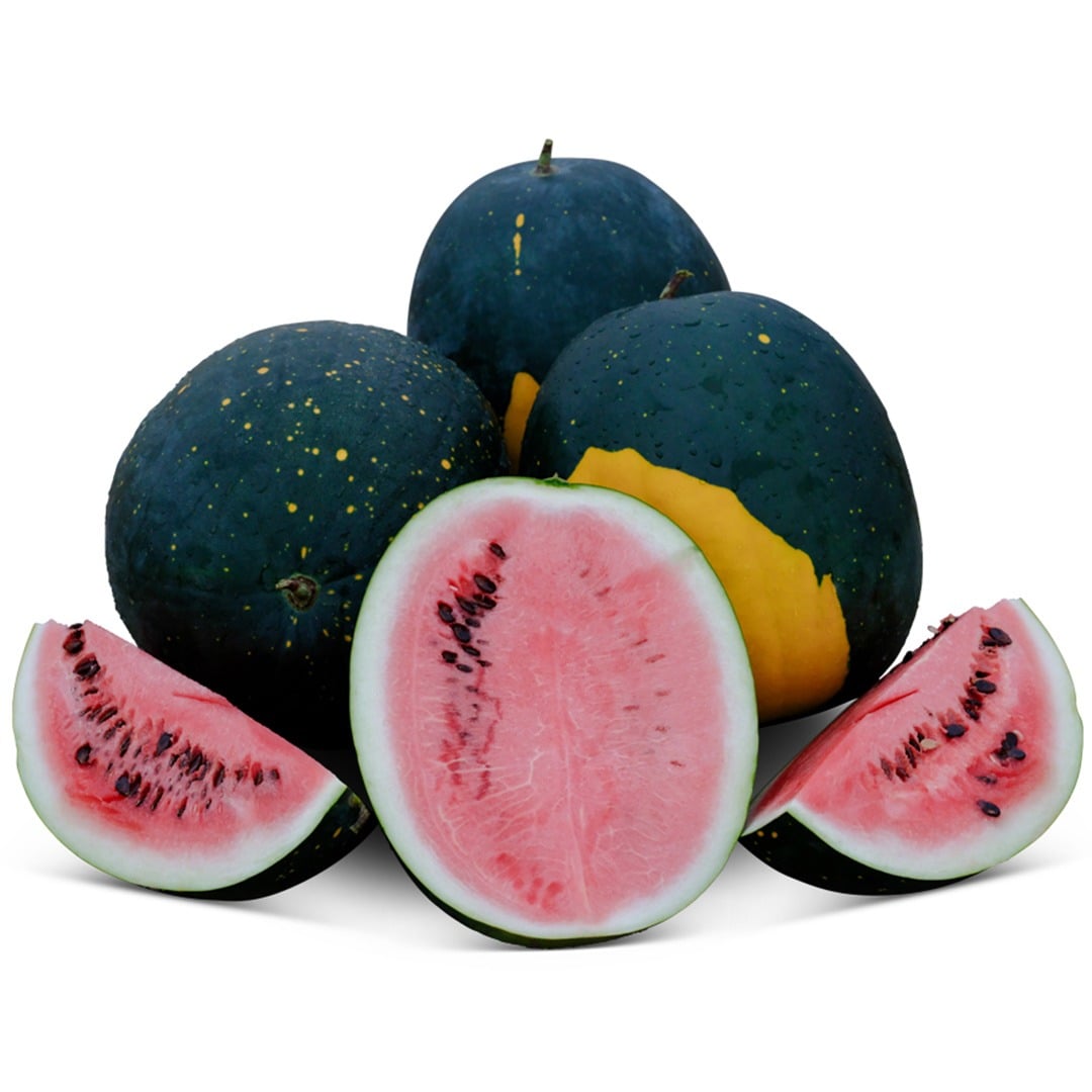 Trio of whole Moon and Stars watermelon with a halved watermelon and slices on a white background.