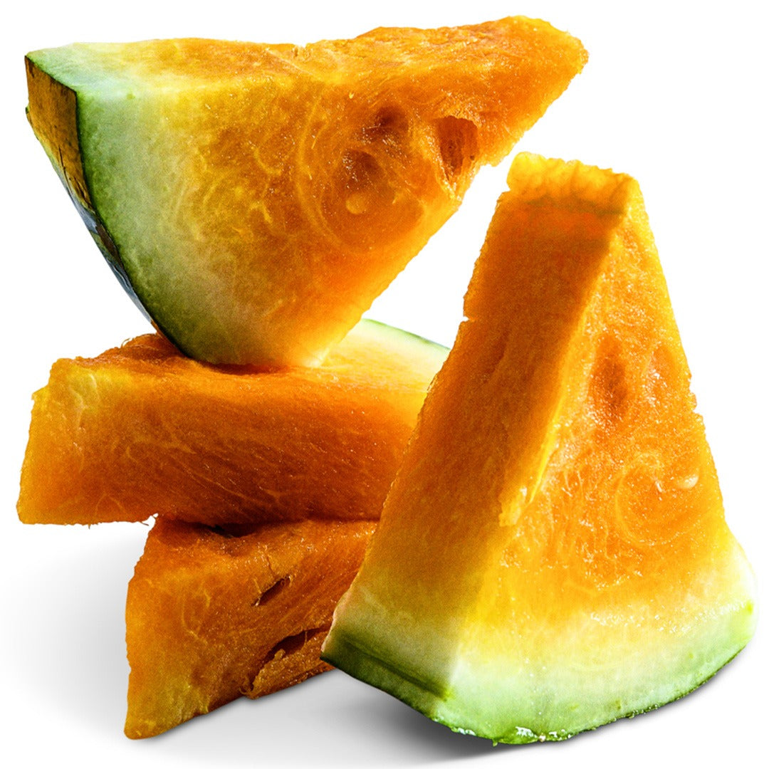 Orangeglo Watermelon slices on a white background.
