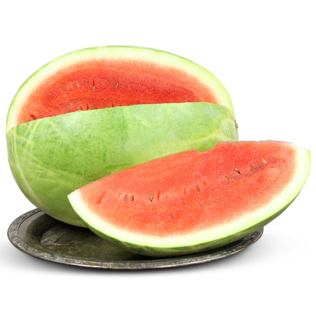 Single Refined Sugar Watermelon with quarter slice removed on a white background.