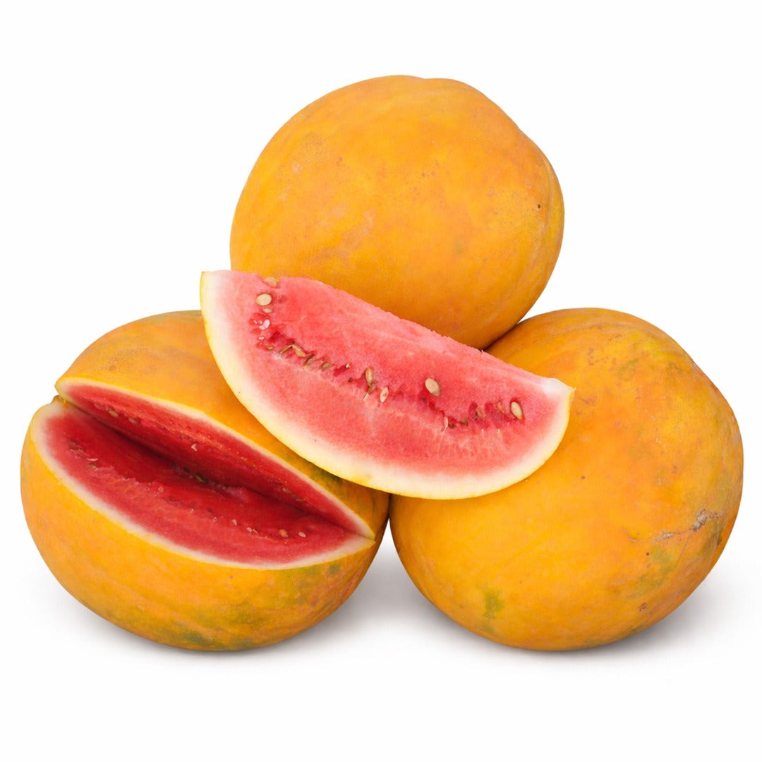 Trio of Royal Golden watermelon, one with a sliced removed, on a white background.