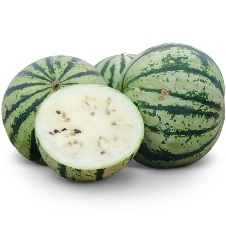 Trio of Silver Yamato Watermelon with single half on a white background.