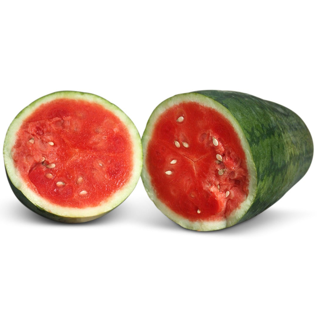 Halved Strawberry Watermelon on a white background.