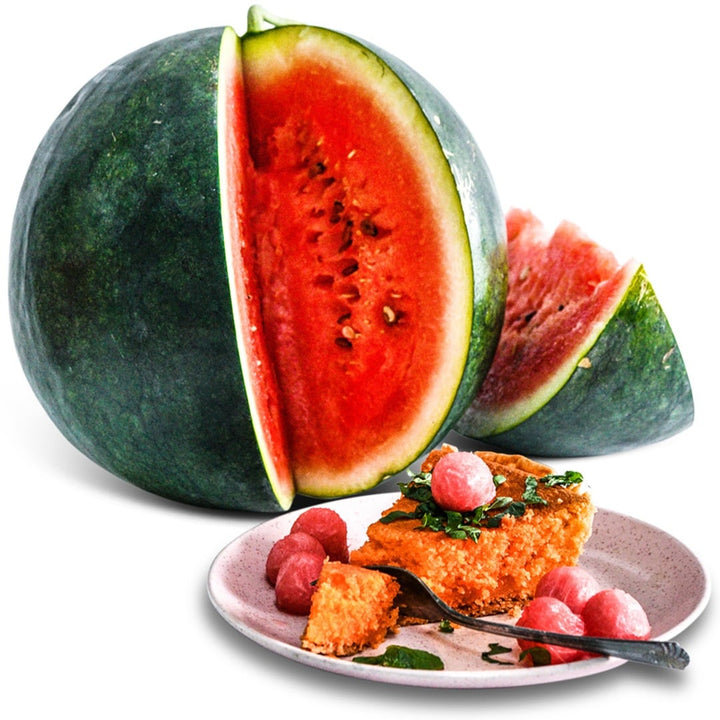 Single Sugar Baby Watermelon with plate of pie and watermelon balls on a white background.