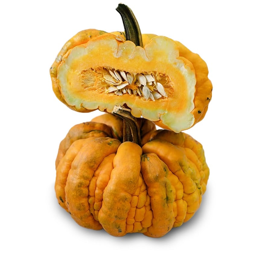 A cut and whole Guicoy Winter Squash stacked on a light background.