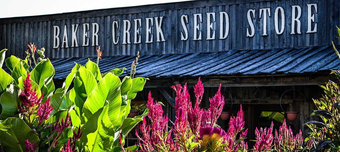 Baker Creek seed store sign at the Ozark village in Mansfield, MO