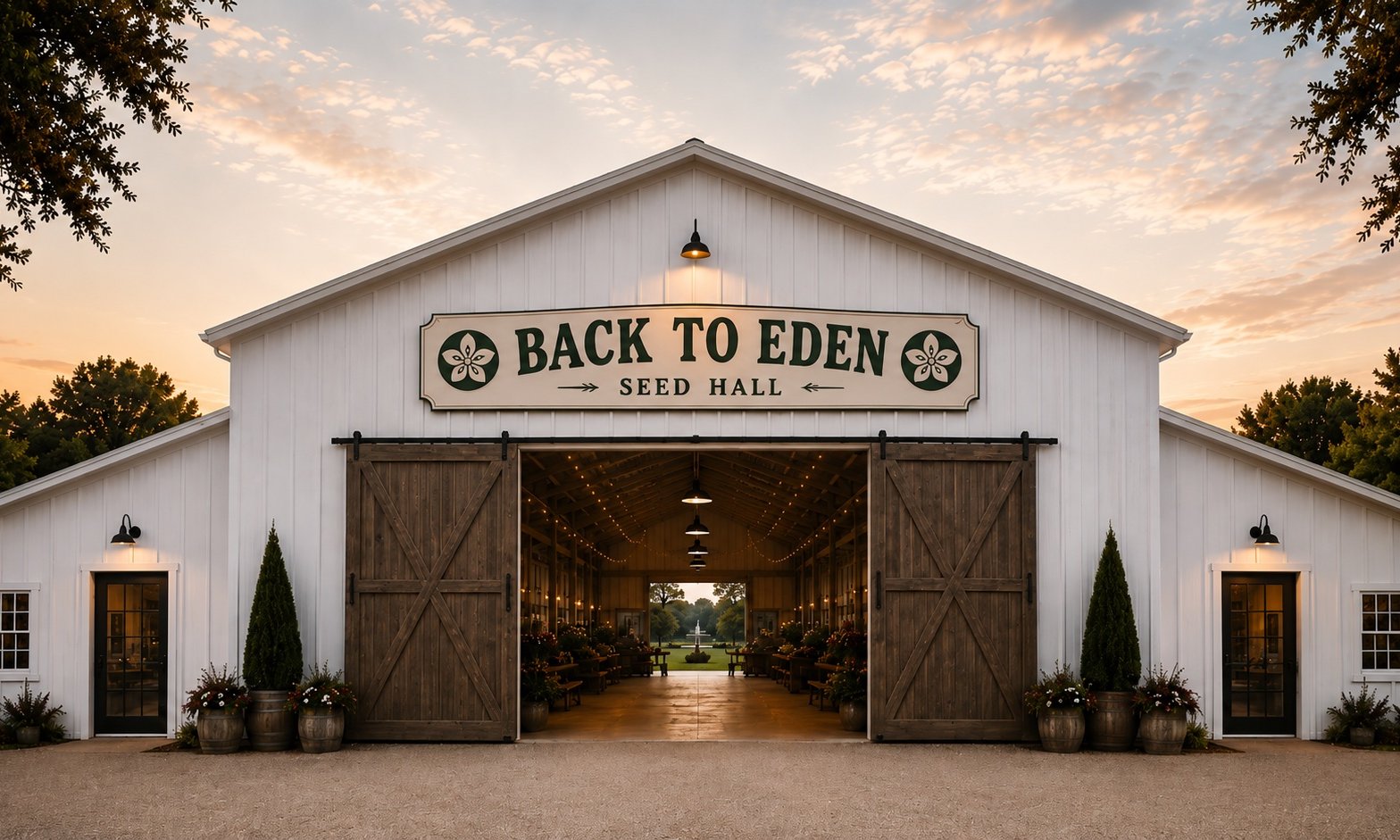 The Back to Eden Seed Hall at sunset, its barn doors open on the lit exhibition hall
