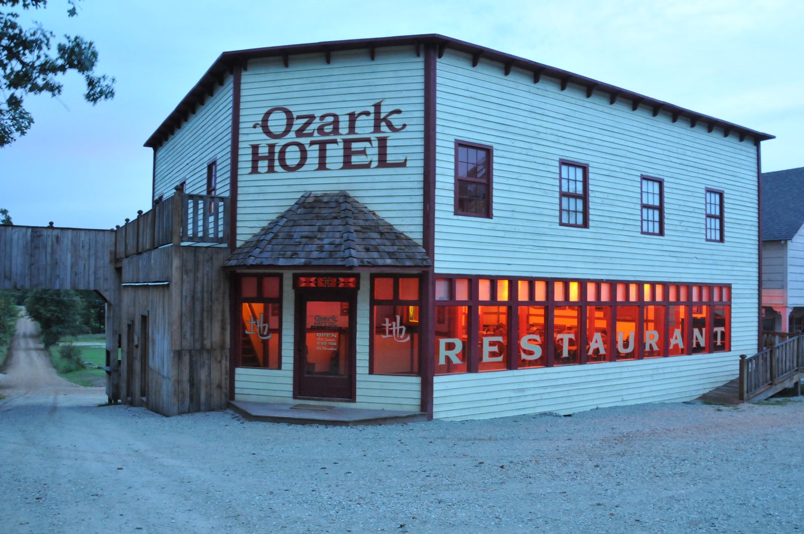 The Ozark Hotel restaurant in Bakersville glowing at dusk