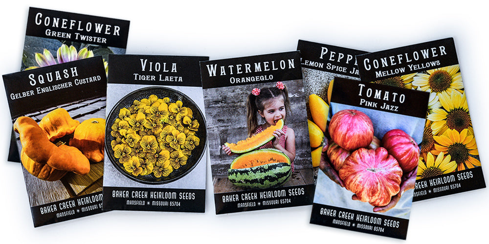A row of Baker Creek heirloom seed packets