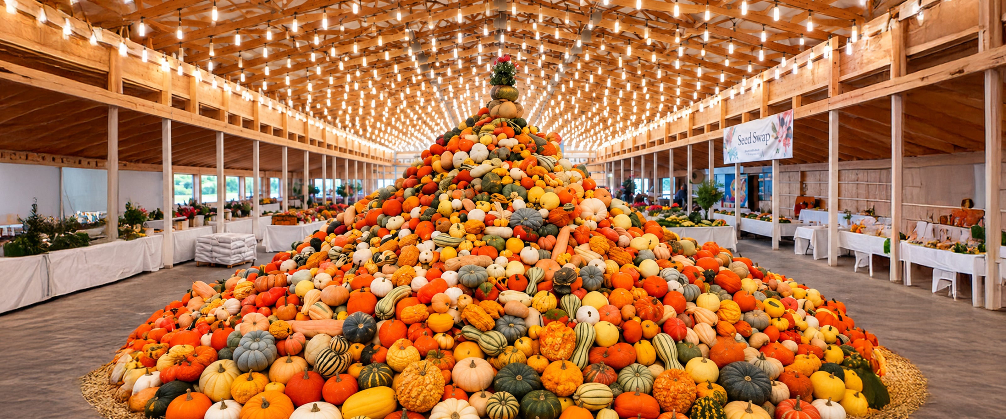 A barn piled high with a pyramid of heirloom pumpkins, gourds and squash under festival lights at Baker Creek