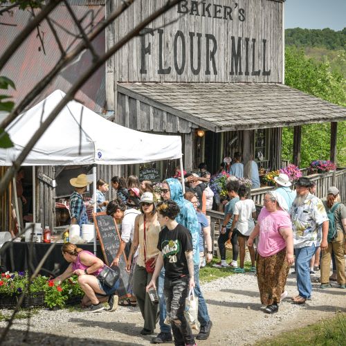 A crowd of guests during a warm-weather festival by the Flour Mill