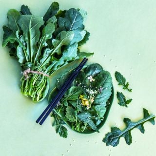 A bundle of Wasabi Arugula leaves with a salad on a light green background.