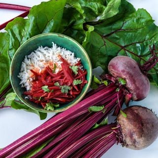Crosby's Egyptian Beets with foliage and a recipe of Sri Lankan Beet Curry.