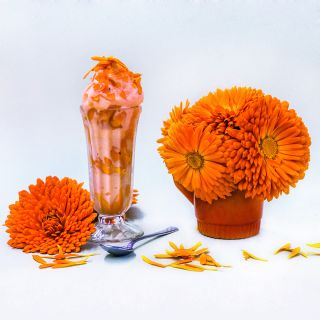Orange King Calendula in an orange vase with orange sherbet and petal sprinkles on white