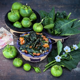Gboma or Gbogname Eggplant with foliage and cooked greens