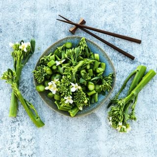 Chopped Yod Fah Chinese Broccoli greens and blooms in a ceramic bowl with chopsticks.
