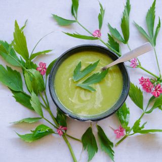 Lovage leaves in soup on white countertop.