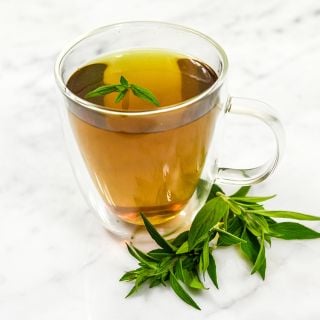 Mountain Mint leaves in tea on marble countertop.