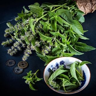 A bouquet of Chinese Sweet Basil wrapped in a paper bag with a bowl of leaves.