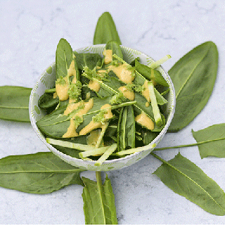 A bowl full of Sorrel Green de Belleville with some dressing. 