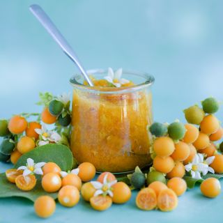 Dwarf Tamarillo berries with blooms and a jar full of jam on light blue background.