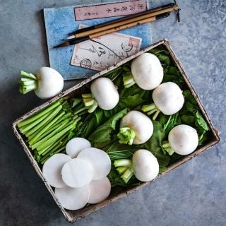 Miyama Turnips in a basket with Japanese paint brushes and a journal.