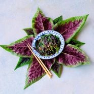 Chinese Multicolor Spinach Amaranth leaves surround a bowl of cooked greems with chopsticks.