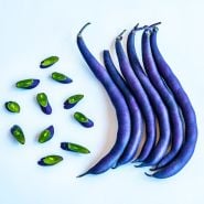 A half dozen Purple Teepee Beans with slices on a white background.