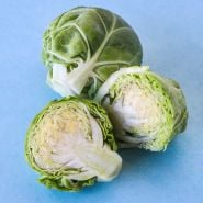 A close-up of cut and whole Long Island Improved Brussels Sprouts on a light blue background.