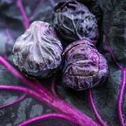 A micro view of a trio of Red Rubine Brussels Sprouts on a purple leaf.