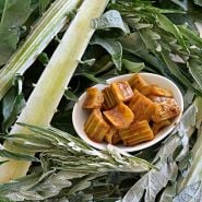 Cooked Gobbo Di Nizzia Cardoon in a bowl surrounded by raw leaves and stems.