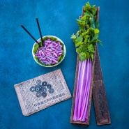 Chinese Pink Celery stalks in wooden box and cut celery in a bowl on a blue background.