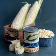 Country Gentleman Sweet Corn cobs with a bowl of kernels and rounds on a dark blue background.