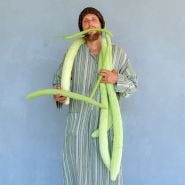 A man in striped tunic hlding several Indian Snake Cucumbers against a grey stucco wall.