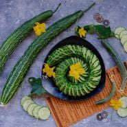 Suyo Long Cucumber in spiral arrangement from above. 