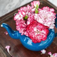 An arrangement of Raspberry Ripple Dianthus in blue tea pot on wooden tray.
