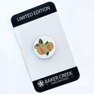 Baker Creek Kajari Melon Limited Edition Pin on a card on a white background.