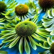 A close-up view of about a half dozen Alan's Pride Echinacea flowers on blue background.