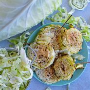 Roasted and seasoned cabbage steaks made from Filderkraut Cabbage slices.