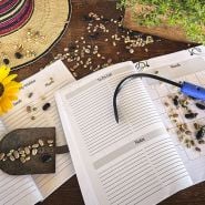 Interior view of the adult and Junior Gardener's planner booklet with gardening tools and scattered seeds.