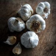 Five Early Italian Purple Garlic bulbs with a couple of cloves on a wooden background.