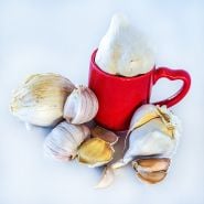 Garlic cloves and bulbs in the Garlic Lover Sampler Pack arranged around a red mug with a heart on the handle.