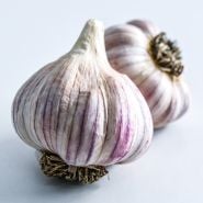 A close-up macro of Persian Star Garlic bulbs on a light background.