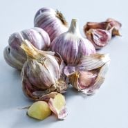 An arrangement of Vietnamese Red Garlic bulbs and cloves on light background.