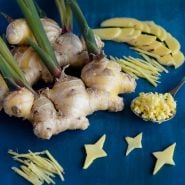 Thai Ginger roots with cut ginger on dark blue background.
