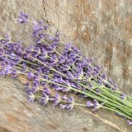 Lavender sprigs on wooden railing.