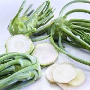 Three Early White Vienna Kohlrabi and slices on a white background.