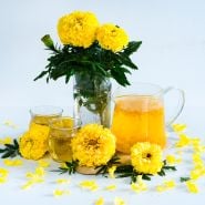 Dune Yellow Marigolds with a Marigold tea on a white background.